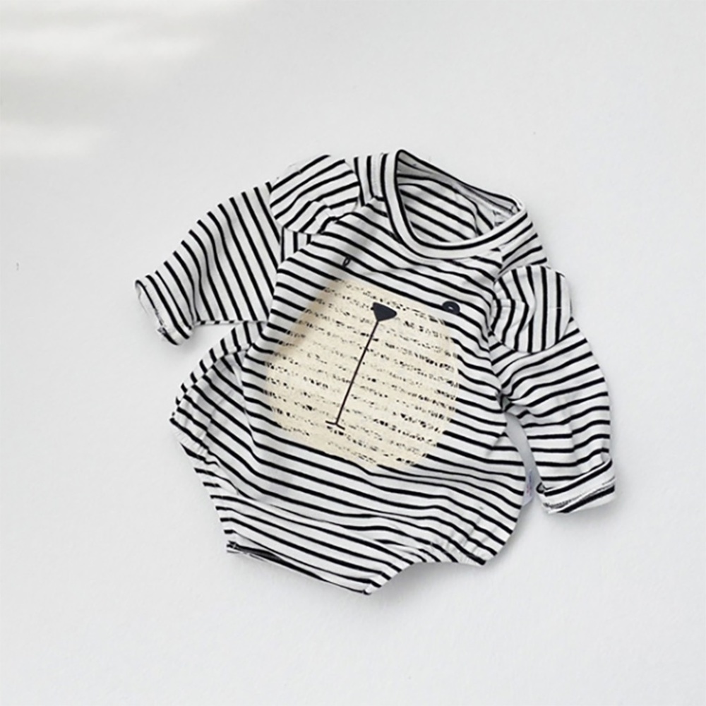 Baby Striped Bear Printed Long Sleeve Romper Black